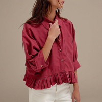 Robe chemise boutonnée rayée rouge pour femme, ourlet à volants, manches bouffantes, coupe droite, décontractée, en coton tissé, taille naturelle, simple, pour le quotidien