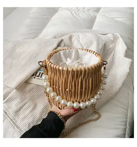 Rattan Plaited Articles Pearl Handle Women Woven Bag Wedding Woodiness Bucket Bag