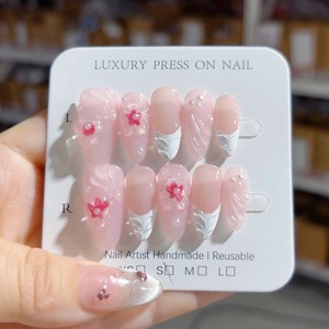 Hecho a mano 10 piezas ABS cubierta completa prensa-en <span class=keywords><strong>uñas</strong></span> postizas forma de almendra 3D flor gradiente prediseñado personalizado flor tallado dedos - Product Image 3