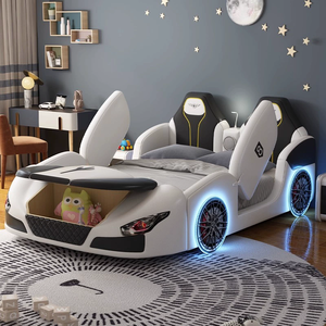 Lit enfant en forme de voiture de sport, structure en bois avec rangement, barrière de sécurité et design de porte escamotable, mobilier de chambre d'enfant à thème dessin animé - Product Image 2