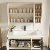 Meuble-lavabo mural moderne en aluminium alvéolé beige doux, avec vasque en céramique et armoire miroir lumineuse intelligente pour salle de bain résidentielle et d'appartement