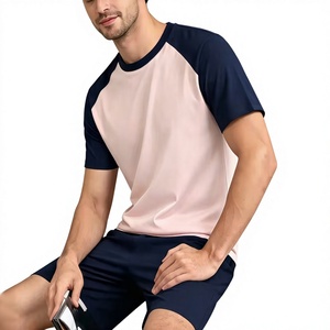 Men Solid <b>Navy</b> Ribbed Crew Neck T-Shirt Shorts Set Casual Knit Summer Outfit Breathable Waffle Texture Plain Dyed 180g Front - Product Image 1