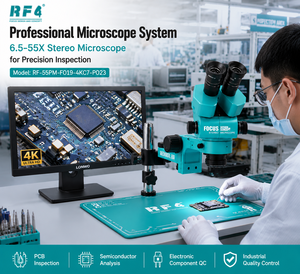 ระบบกล้องจุลทรรศน์สเตอริโอระดับมืออาชีพ RF4 พร้อมกล้อง 4K สำหรับตรวจสอบแผงวงจรพิมพ์ ชิปเซมิคอนดักเตอร์ ไอซี และการทดสอบชิ้นส่วนอิเล็กทรอนิกส์ - Product Image 1