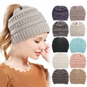 Wholesale High Quality Custom Logo Knit Hats With Ponytail Hole Colored Ladies Winter Beanie For Women