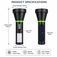 Lampe torche solaire LED rechargeable Type-C, projecteur de recherche, éclairage latéral, lampe stroboscopique rouge et bleue pour voiture, urgence, camping, randonnée