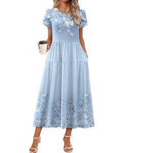 Summer Floral Maxi <b>Dress</b> Women O-Neck Short Sleeve Bohemian A-Line <b>Elastic</b> Waist Breathable Casual Beach Sundress - Product Image 1