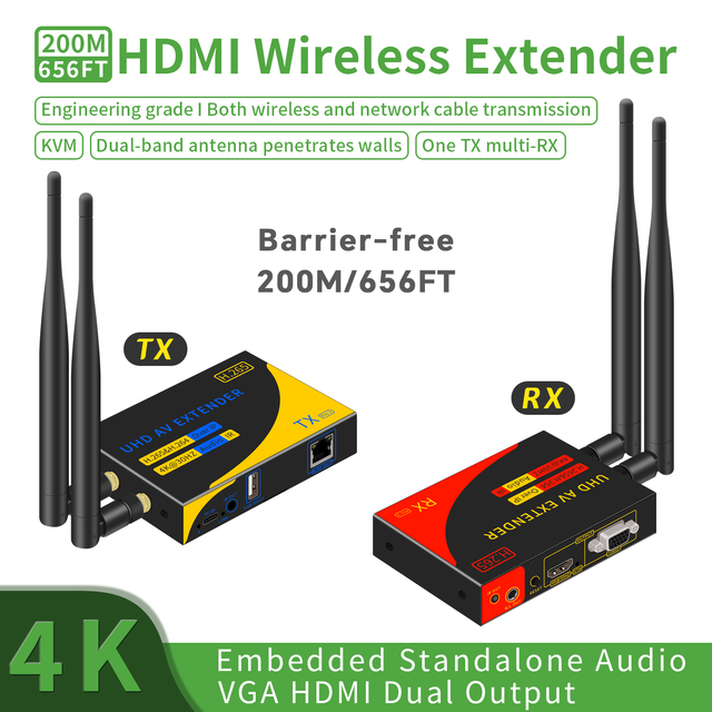 Xput High Quality 4K/1080P 200M/656FT Wireless HDMI Extender HDMI KVM Network with Type-c Power Supply 5V 2A for Projection