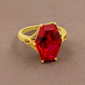 Bague de luxe pour femme en argent sterling 925 plaqué or, sertie de rubis de laboratoire et de diamants rouges, style géométrique - Product Image 6