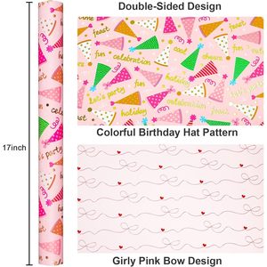Pink Birthday <b>Wrapping</b> <b>Paper</b> Girl Party Hat Design 46.8 Square Feet Gift Craft Eco Friendly Single Side - Product Image 3