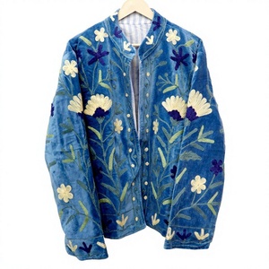 Chaqueta Varsity Azul Terciopelo con Bordado Floral, Ecológica, Transpirable, Cuello Mao, Manga Larga, Estilo Prairie Chic para Mujer - Product Image 1