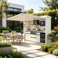 Îlot de cuisine extérieur modulaire tout-en-un de luxe en acier inoxydable 304 avec évier, hotte aspirante, réfrigérateur à vin, résistant aux intempéries, design moderne