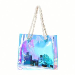 Sac transparent holographique en PVC imperméable avec poignée en corde, idéal pour le travail, la plage, le déjeuner, les mariages, les anniversaires, motif arc-en-ciel - Product Image 1