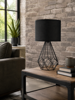 Lampe de table en cage métallique noire avec abat-jour en tissu, interrupteur marche/arrêt intégré, base en fer, lampe de chevet pour chambre à coucher