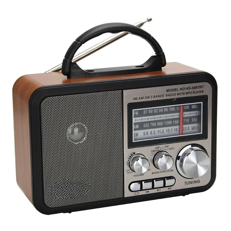 Radio Fm Veneer kayu Manual portabel, dapat diisi ulang gaya Retro Radio Fm