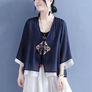 Women's Cotton Linen Embroidered Cardigan Pink Three Quarter Sleeve Chinese Style <b>Top</b> With Geometric Pattern - Product Image 4