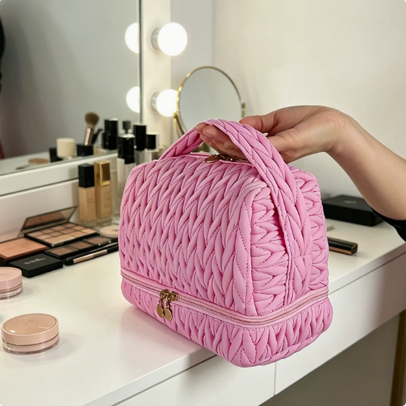 PEIQUAN Portable Travel Cosmetic Bag Woven Vine Quilted Design Double Layer Large Capacity Handheld Makeup Bag