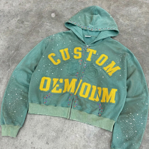 Applique Embroidery Rhinestones Boxy Black OEM Custom Print Heavyweight Streetwear 400 GSM Distressed Zipper Men's Hoodie