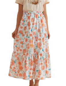 2023 hiver dames personnalisé élégant Orange Floral à plusieurs niveaux jupes mi-longues pour les femmes