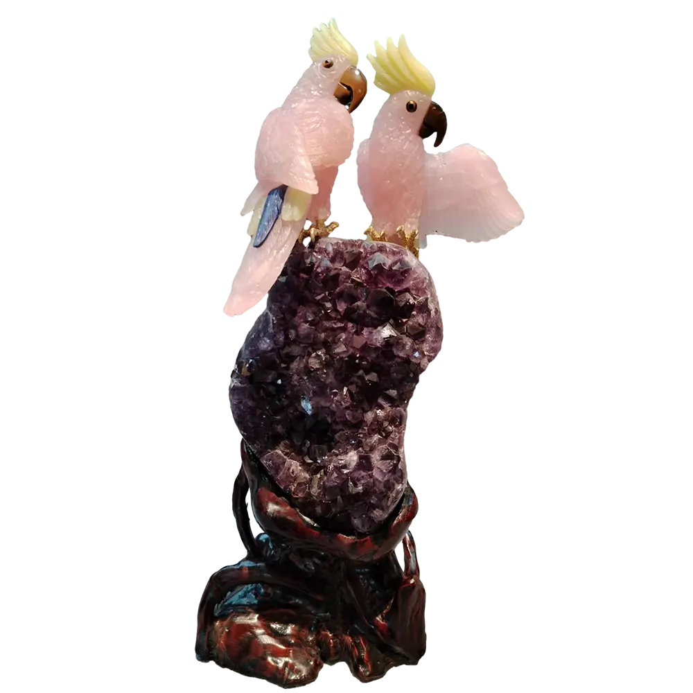 Cristal de cuarzo rosa piedras preciosas curativas talladas colorido valor ornamental loro cristal artesanía amor pájaro estatuas para decoración del hogar