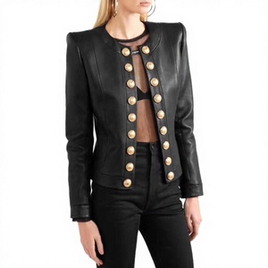 Veste en cuir d'agneau véritable sans col pour femme, de qualité supérieure, imperméable, boutons dorés, couleur noire, échantillon et personnalisation disponibles - Product Image 2