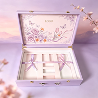 Boîte cadeau de luxe violette et rose à motifs floraux et papillons, boîte rigide à rabat avec logo personnalisé et fermoir métallique, emballage cadeau pour cosmétiques et soins de la peau
