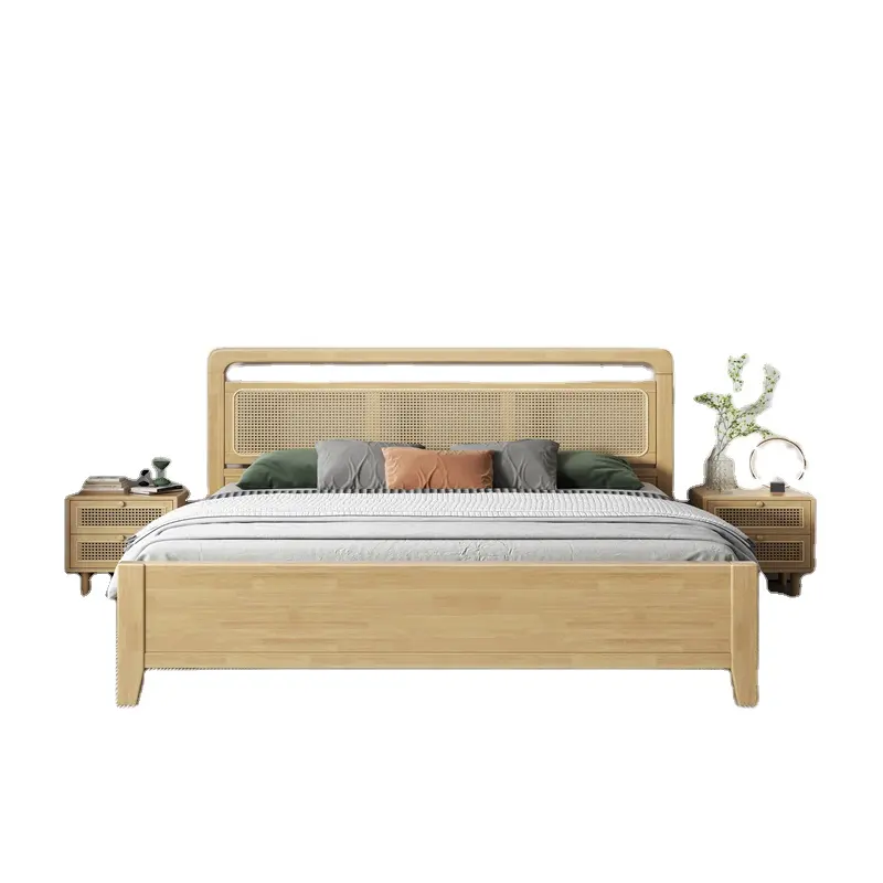 थोक आधुनिक डिजाइन रतन एकल बिस्तर गन्ना रानी आकार के बिस्तर के फ्रेम ठोस लकड़ी का बिस्तर चीन में बनाया गया