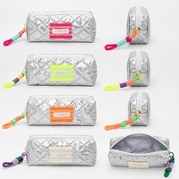 Trousse à crayons matelassée argentée avec dragonne en corde néon, pochette de maquillage Y2K, trousse à cosmétiques zippée grande capacité, organiseur de papeterie pour filles
