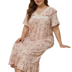 Camisón de encaje floral para comercio exterior, con cuello con volantes, manga corta, longitud media, holgado, talla grande, estilo romántico pastoral, pijama informal. - Product Image 5