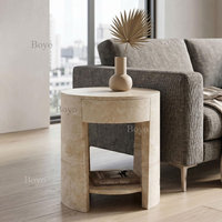 Table de chevet en pierre de travertin, table d'appoint ronde en marbre avec tiroir