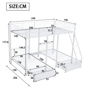 <span class=keywords><strong>Lit</strong></span> <span class=keywords><strong>mezzanine</strong></span> moderne en métal pour 3 personnes, 2 tiroirs, échelle de sécurité, espace de rangement, blanc (90/140-200cm) pour garçons <span class=keywords><strong>et</strong></span> filles (sans matelas) - Product Image 3