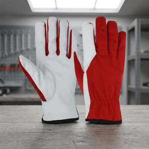 Gants de travail en cuir rouge et blanc avec paume antidérapante et poignet élastique, gants de sécurité polyvalents - Product Image 3