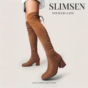 Botas altas hasta el muslo de alta calidad para mujer, botas gruesas de tacón alto por encima de <span class=keywords><strong>la</strong></span> rodilla, botas elásticas con punta redonda y cordones con cremallera lateral hasta <span class=keywords><strong>la</strong></span> rodilla - Product Image 2