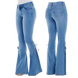 Jeans femme Spot goods Jeans décontractés à la mode Force élastique Pantalon long évasé en denim stretch de haute qualité à lacets 8023 - Product Image 2