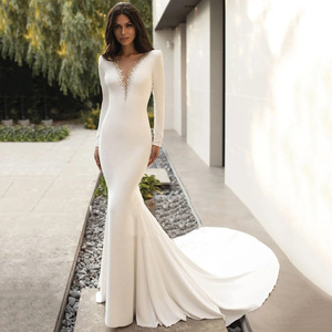 Mermaid Wedding Dress Ivory White V-neck Satin Long Sleeve Elegant Bridal Gown With Train - Product Image 1