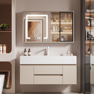 Modern Cream Style Bathroom Vanity Combo with MDF & Melamine Board <b>Wall</b>-Mounted LED <b>Mirror</b> Included Ceramic Basin Cabinet - Product Image 5
