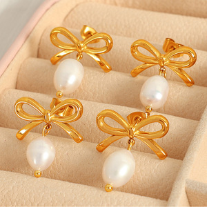 Bowknot <b>Stud</b> <b>Earrings</b> Gold Plated Pearl Drop Women's Everyday Wear - Product Image 1