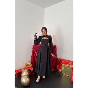 Vestido de Fiesta Vintage al por Mayor, Largo hasta el Suelo, Talla XL, Negro, con Encaje, Copas de Ganchillo, Decoración de Cuentas y Lentejuelas, Estilo Imperio y Escote Corazón - Product Image 5