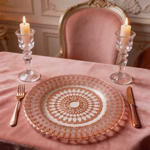 Assiettes de présentation modernes en <span class=keywords><strong>verre</strong></span> texturé de 13 pouces avec bordure en dentelle et points perlés, multicolores (or, argent, or rose), pour mariage - Product Image 3