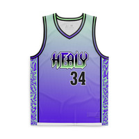 Maillot de basket Healy 34 sublimé, col en V, sans manches, en mesh, unisexe adulte, imprimé dégradé violet-vert, léger
