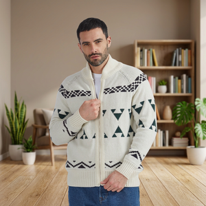 Men's Jacquard Zipper Closure Eco-Cashmere Merino <b>Wool</b> Anti-Pilling Winter ODM Long Sleeve Sweater Made in Italy - Product Image 3