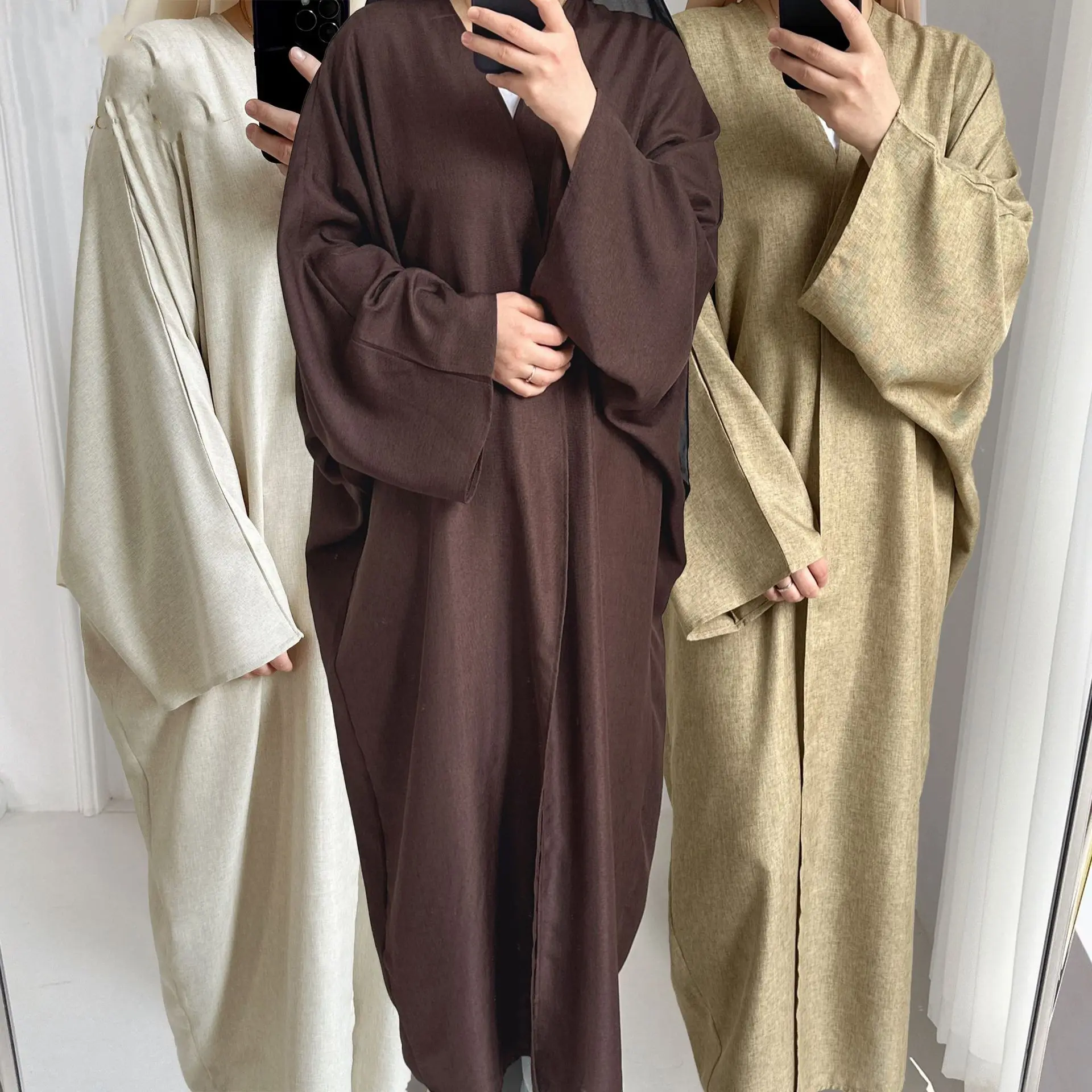 Venta caliente 2023 Lino Abaya Color sólido Liso Abaya Turquía EID Ropa islámica Vestidos de mujeres musulmanas