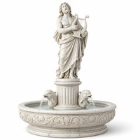 Fontaine en pierre sculptée à la main, statue grecque d'Apollon avec lyre, fontaine extérieure, décoration de jardin, d'hôtel ou de parc, avec motif de dauphin.