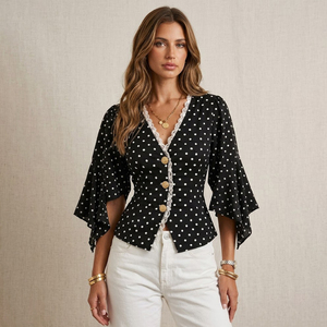 Camiseta Vintage Francesa Elegante con Encaje, Cuello en V, Estampado de Lunares, Botones, Mangas Acampanadas y Cintura Definida para Mujer - Product Image 2