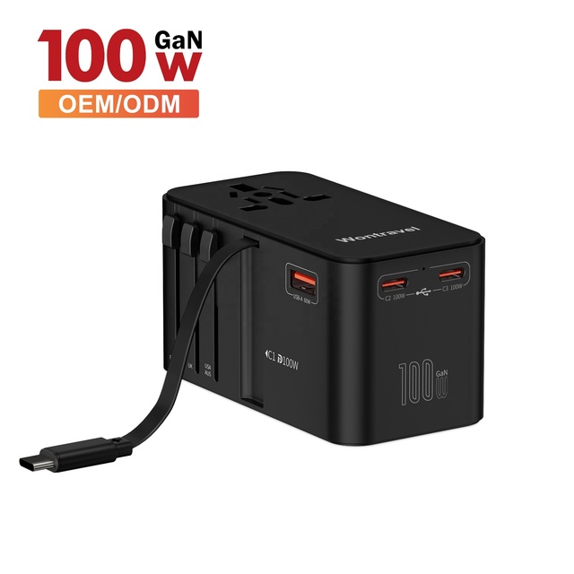 Wontravel Retractable Cable 2500W Travel Adaptor Universal World Travel Adapter PD100W with USB and Type C