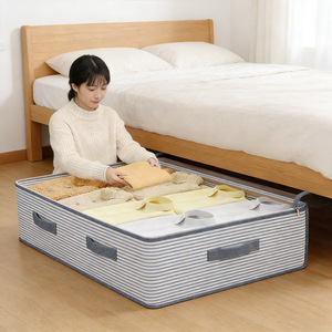 Under <b>Bed</b> Storage <b>Bag</b> Rectangle Gray Striped Large Capacity Folding Organizer For Quilts Clothes Bedroom Use - Product Image 1