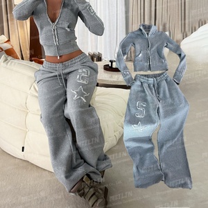 Custom Clothing Manufacturers Distressed Embroidery Patch <b>Zip</b> <b>up</b> Jackets Hoody and Sweatpants Gray <b>Cropped</b> Sweatsuit Set Women - Product Image 2
