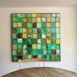 Pintura al Óleo Abstracta con Textura de Mosaico, Naturaleza Muerta Verde y Dorada, Lienzo Grande Hecho a Mano, Arte de Pared para Decoración del Hogar y Hoteles - Product Image 1