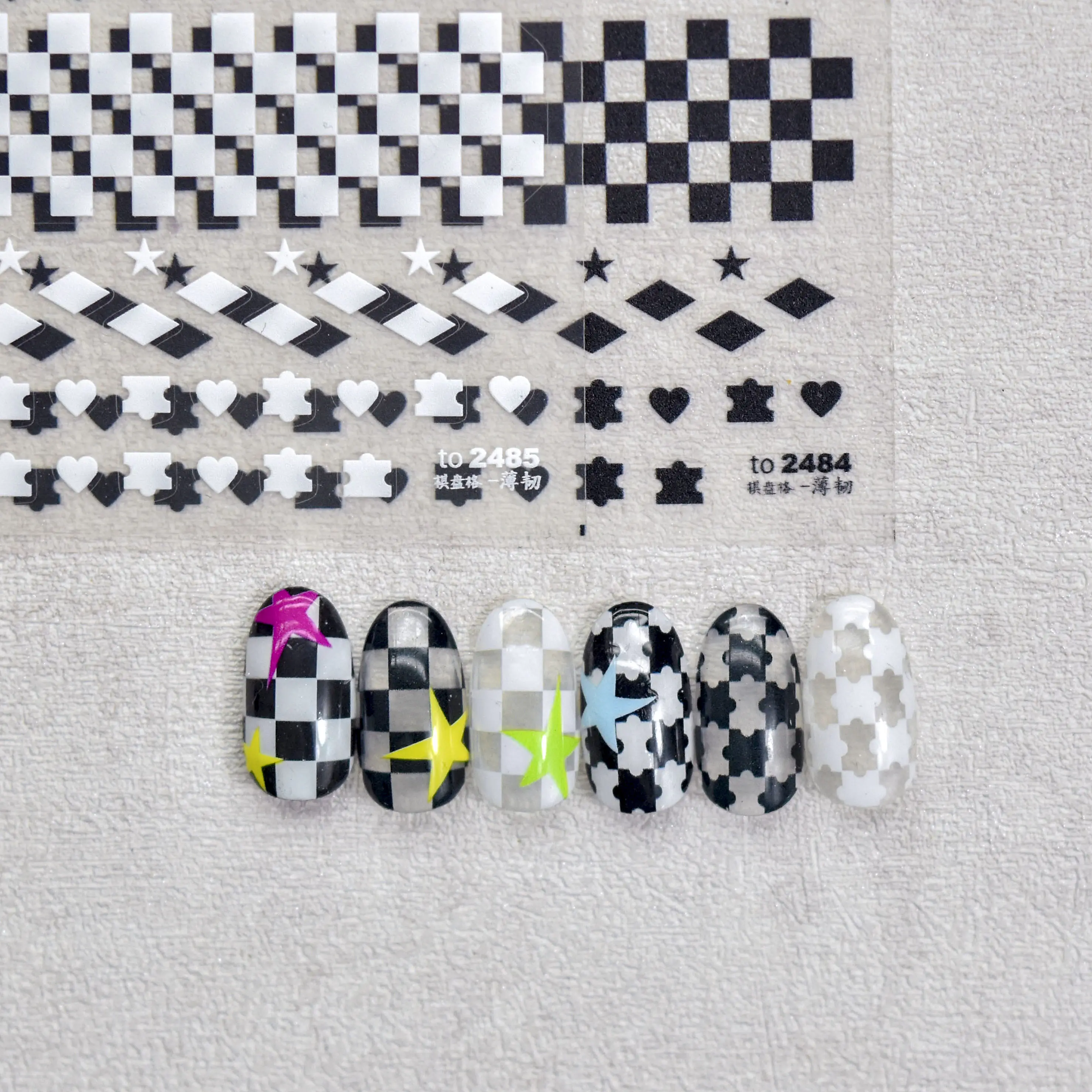 Wholesale Nail art sticker Nail Art Decals colorful star heart black white grid design pink for Nail Decoration