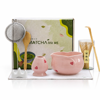 Ensemble bol à matcha en céramique rose et support pour fouet 500 ml avec fouet en bambou, motifs cœur, fleur, patte, logo personnalisé pour cadeau OEM