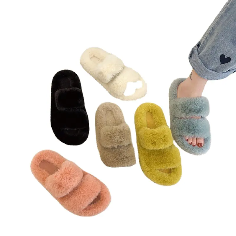 Mode Vrouwen Huis Warme Pluizige Harige Winter Nieuwe Unisex Klomp Indoor Mode Bont Slippers